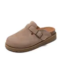 Classic tan suede cork clog mule featuring adjustable metal buckle and thick anti-slip sole - EU 36 / Dark Brown