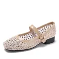 Sparkly rhinestone mesh Mary Jane ballet flats with breathable sheer finish and low block heel - EU 38 / Apricot