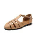 French-style beige closed-toe woven flat sandals with elegant T-strap buckle for women - EU 35 / Apricot