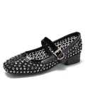 Black mesh Mary Jane flat with silver studs and patent leather strap detail - EU 35 / Black