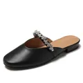 French style black pointed toe mule slippers with rhinestone strap and flat heel - EU 35 / Black