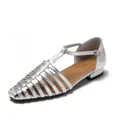 Women's vintage silver metallic woven fisherman sandals with flat sole and T-strap - 35 / Silver