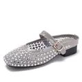 Breathable gray mesh Mary Jane mule with sparkling rhinestones and adjustable strap - EU 35 / Full Rhinestone Mesh (185-8) / Gray