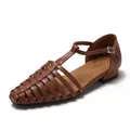 Brown woven leather fisherman sandals with adjustable T-strap and flat sole design - 35 / Brown