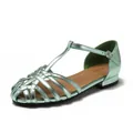 Metallic mint green woven closed toe T-strap sandals with silver buckle for summer - Green