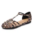 Women's flat woven sandals featuring a classic leopard print and adjustable T-strap - Leopard Print