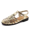 French style gold woven caged flat sandals for women with T-strap and buckle closure - EU 38 / Gold