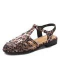 French style hollow out leopard print closed toe flat sandals with ankle strap - Leopard Print