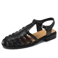 Women's black woven hollow fisherman sandals with adjustable buckle strap and flat sole - EU 35 / Black