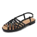 Black woven Roman flat sandals for women with buckle strap and crossover leather straps - 36 / Black