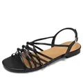Handcrafted black strappy Roman sandals with flat sole and adjustable buckle strap - EU 36 / Black