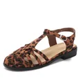Retro leopard print woven T-strap sandals with block heels and ankle buckle straps - EU 35 / Leopard Print