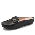 Women's black leather loafer mules with gold buckle detail and flat rubber sole - EU 36 / Black