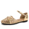 Women's champagne gold flat sandals with strappy hollow out design and ankle buckle closure - 36 / Gold