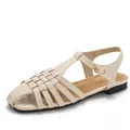 Woven strappy hollow flat sandals in beige with T-strap design and buckle closure - 36 / Hollow Braided Style / Apricot