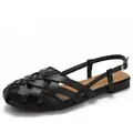 Minimalist black woven flat sandals with breathable hollow design and ankle buckle strap - EU 36 / Black