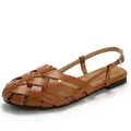 Classic brown woven leather hollow-out flat sandals with adjustable back strap - EU 36 / Brown