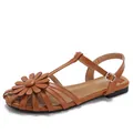 Classic caramel brown French flat sandals with daisy petal decor and T-strap buckle - EU 36 / Brown