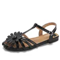 French style flat black sandals with daisy flower buckle and ankle strap detail - EU 36 / Black