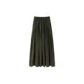 Women's pleated A-line maxi skirt in dark olive green featuring a textured elastic waist - S / Bottoms / Dark Green
