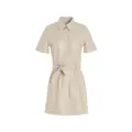 Short sleeve faux leather shirt dress in beige with waist belt for a sleek urban look - M / Off-White