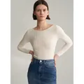 Chic beige ribbed long sleeve knit top with bateau neckline and slim fit design - XS / Tops / Off-white