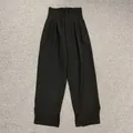 Pantalón negro de cintura alta para mujer con pernera ancha, aberturas y diseño plisado - S / Negro