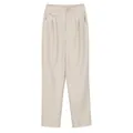 Pantaloni a gamba dritta in ecopelle plissettata a vita alta, color beige crema con bottone - S / Bianco Sporco