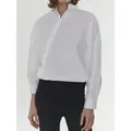 Minimalistische witte blouse met lange mouwen, asymmetrische schuine knoopsluiting en opstaande kraag - S / Wit