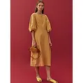 Elegant mustard yellow puff sleeve midi dress with cinched waist and round neckline - S / Yellow