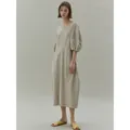 Elegant beige short sleeve midi dress with puff sleeves and waist tie for women - S / Gray