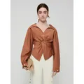 Damesoverhemd met lange mouwen in karamelbruin met gedraaid detail in de taille - S / Bruin