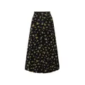 Vintage High-Waist A-Linien-Midirock in Schwarz mit gelbem Blumendruck und Knopfleiste - EU 38 / Schwarz