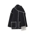 Dark grey wool coat with integrated scarf, fringe tassels and white contrast stitching - 38 / Tops / Dark Gray