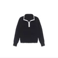 Navy blue loose knit sweater with white contrast trim and elegant polo collar for women - S / Black