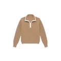 Women's camel polo knit sweater with white contrast collar and ribbed long sleeves - S / Khaki