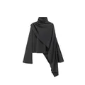 Elegant black turtleneck long sleeve top with unique asymmetrical draped shawl detail - Black