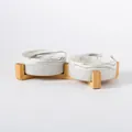 Dubbele keramische kattenbakjes met marmerpatroon en verhoogde houten standaard - Groot (20cm) / Marmergrijze Bakken - Dubbele Stijl met Houten Standaard