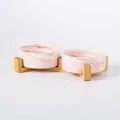 Dubbele keramische kattenbakken met roze marmerpatroon en bamboe houten houder - Groot (20cm) / Marmerroze Bakken - Dubbele Stijl met Houten Standaard
