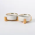 Doubles bols pour chat en céramique marbrée avec bord doré et support chic en bambou - Bols Gris Marbré Bordure Dorée - Style Double avec Support Bois