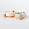 Ensemble de deux bols en céramique marbrée avec rebord doré et support en bois - Bols Gris et Rose Marbré Bordure Dorée - Style Double avec Support Bois