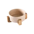 Keramik Napf in Beige mit Spritzglasur und vertikaler Textur auf Holzständer - Keramiknapf Und Einzelner Holzständer / Klein (13CM) / Khaki