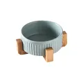 Minimalistischer Keramik-Katzenapf mit Sesamglasur und Streifen auf Holzständer - Keramiknapf Und Einzelner Holzständer / Klein (13CM) / Hellgrün