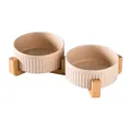 Duo-Keramiknäpfe mit Bambusständer in Beige für Hunde und Katzen mit Textur-Finish - Keramiknapf Und Doppelter Holzständer / Klein (13CM) / Khaki