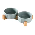 Duo-Keramiknäpfe in Grau mit vertikalen Streifen auf einem schlichten Holzständer - Keramiknapf Und Doppelter Holzständer / Klein (13CM) / Hellgrün