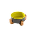 Grey ceramic elevated cat bowl with yellow interior and bamboo wooden stand - Small Gray Green Bowl And Wood Stand