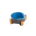 Blue ceramic cat bowl with matte gray exterior on a stable wooden tripod stand - Small Gray Blue Bowl And Wood Stand