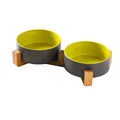 Elevated double ceramic pet bowl set with dark grey exterior and lime green interior - Two Small Gray Green Bowls And Long Wood Stand