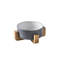 Gray and white ceramic pet bowl with a natural cross-shaped bamboo stand - 13cm / Single Bowl with Wood Stand / Dark Gray