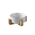 Minimalist white ceramic pet bowl with light wood stand for cats and dogs - 13cm / Single Bowl with Wood Stand / Light Gray